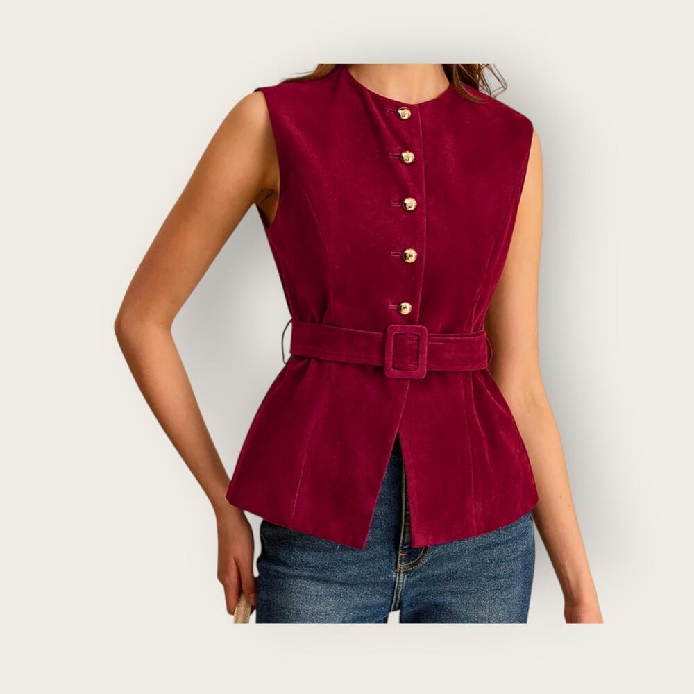 Commense Red Suede Belted Vest Gold Button Tailored Top NWT - S Parisian Chic - Picture 2 of 7